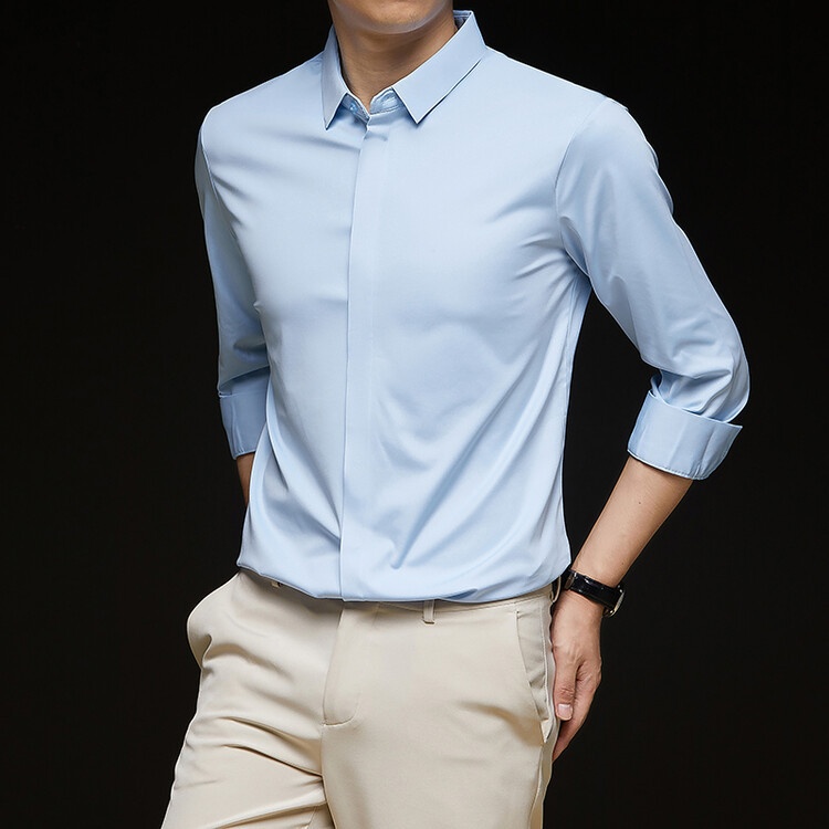 Men's Solid Long Sleeve Hidden Placket Dress Shirt