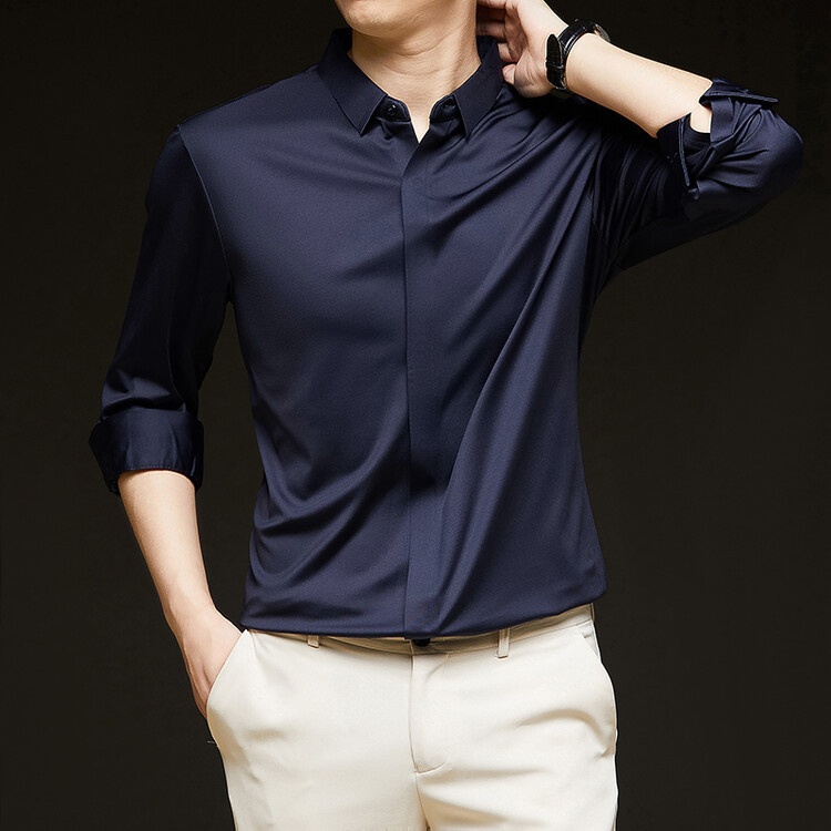Men's Solid Long Sleeve Hidden Placket Dress Shirt