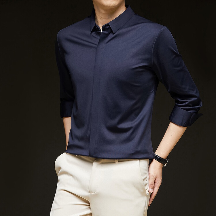 Men's Solid Long Sleeve Hidden Placket Dress Shirt