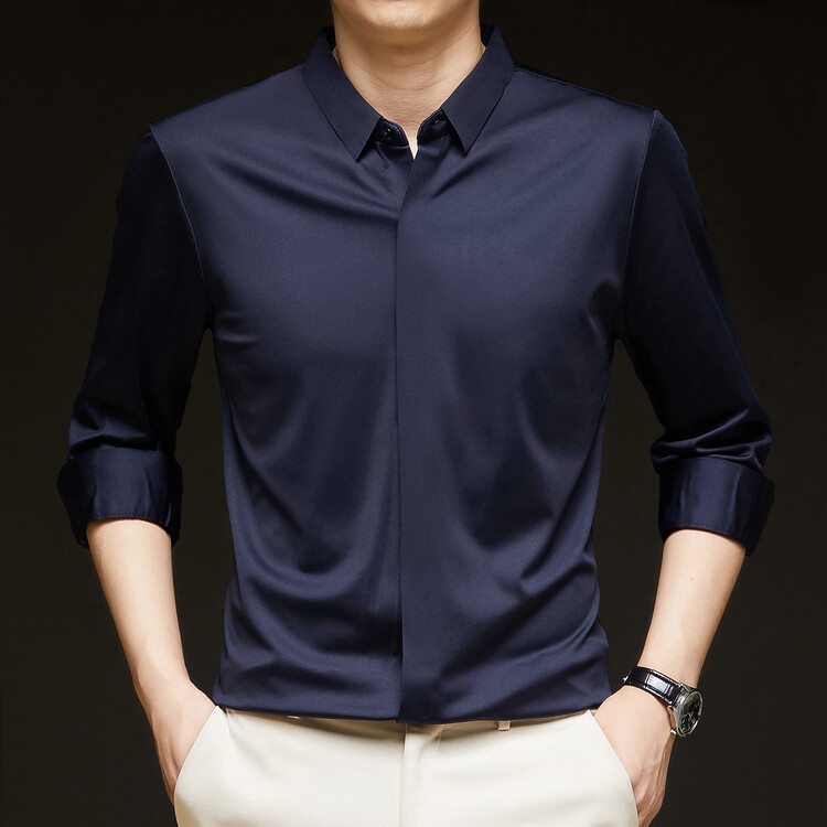 Men's Solid Long Sleeve Hidden Placket Dress Shirt