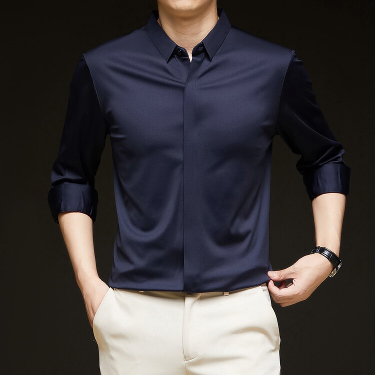Men's Solid Long Sleeve Hidden Placket Dress Shirt