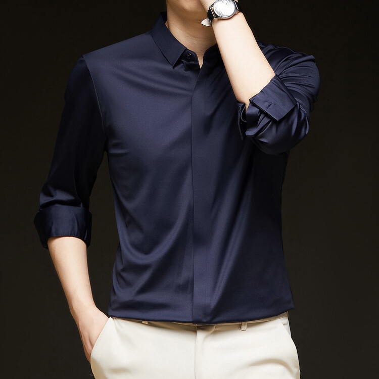 Men's Solid Long Sleeve Hidden Placket Dress Shirt