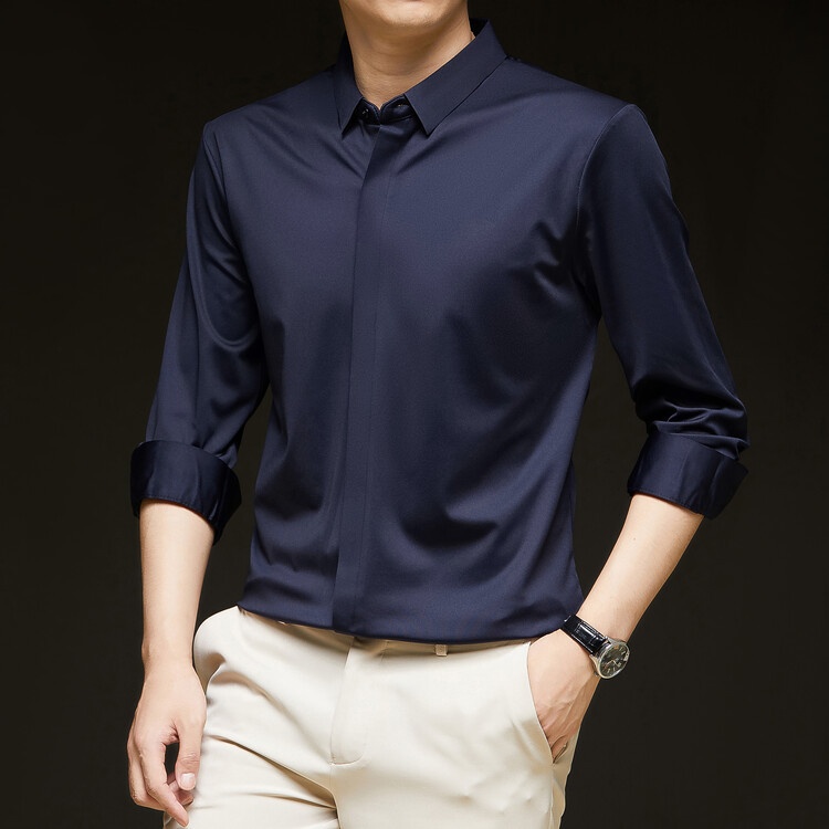 Men's Solid Long Sleeve Hidden Placket Dress Shirt