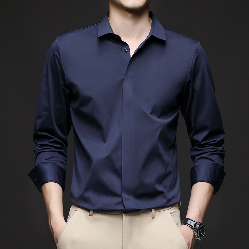 Men's Solid Long Sleeve Hidden Placket Dress Shirt