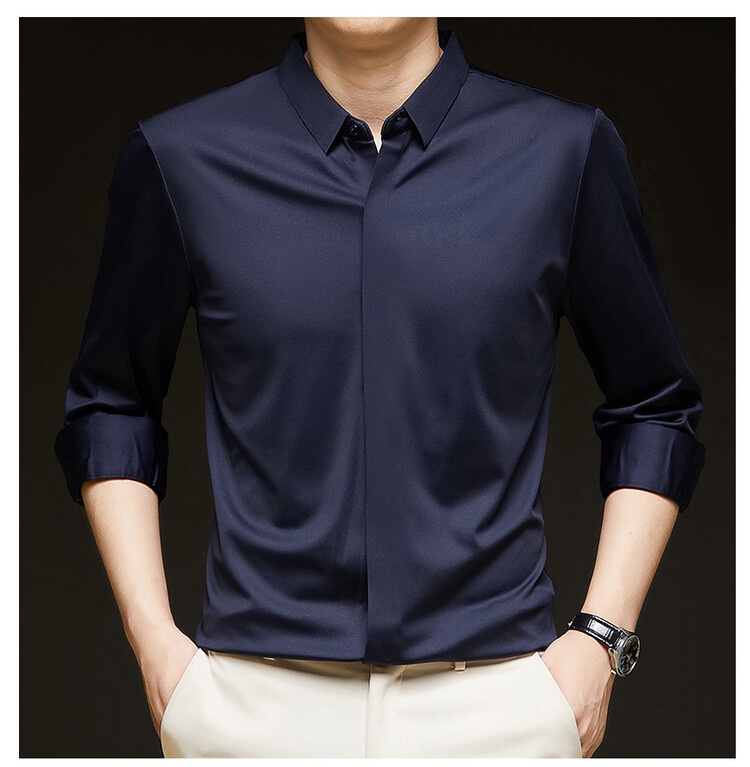 Men's Solid Long Sleeve Hidden Placket Dress Shirt