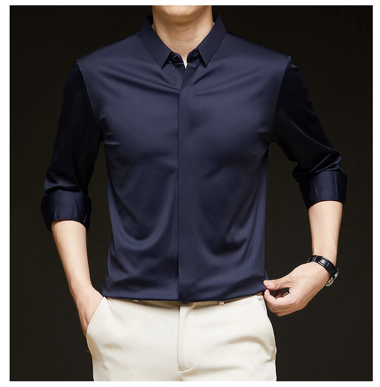 Men's Solid Long Sleeve Hidden Placket Dress Shirt