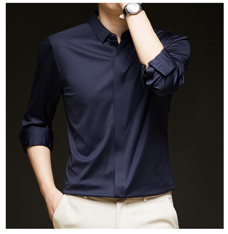 Men's Solid Long Sleeve Hidden Placket Dress Shirt