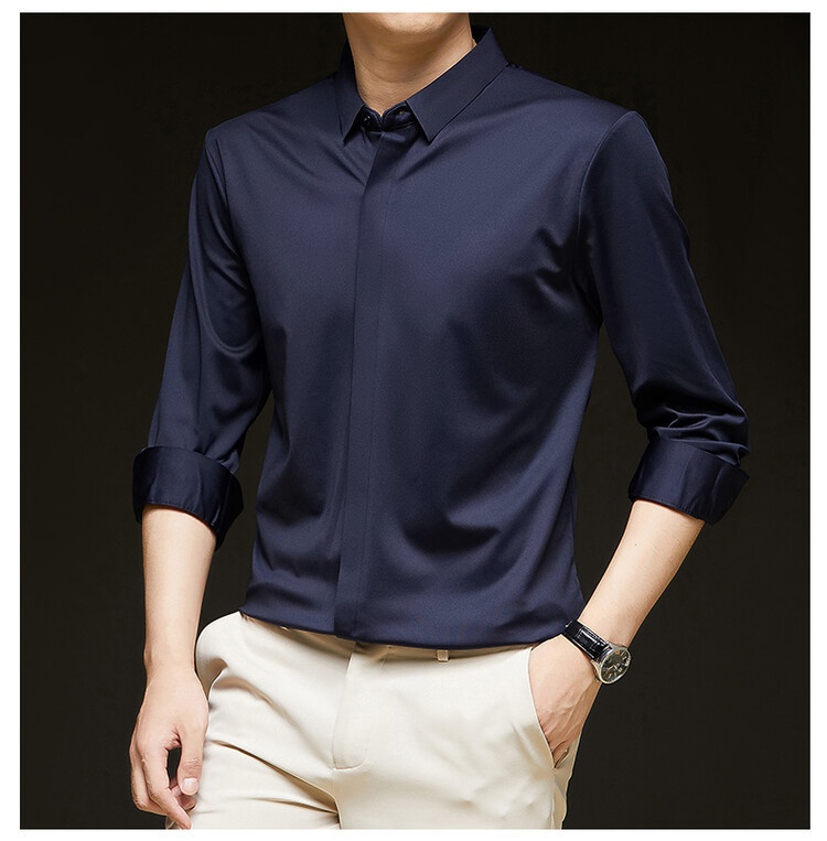 Men's Solid Long Sleeve Hidden Placket Dress Shirt