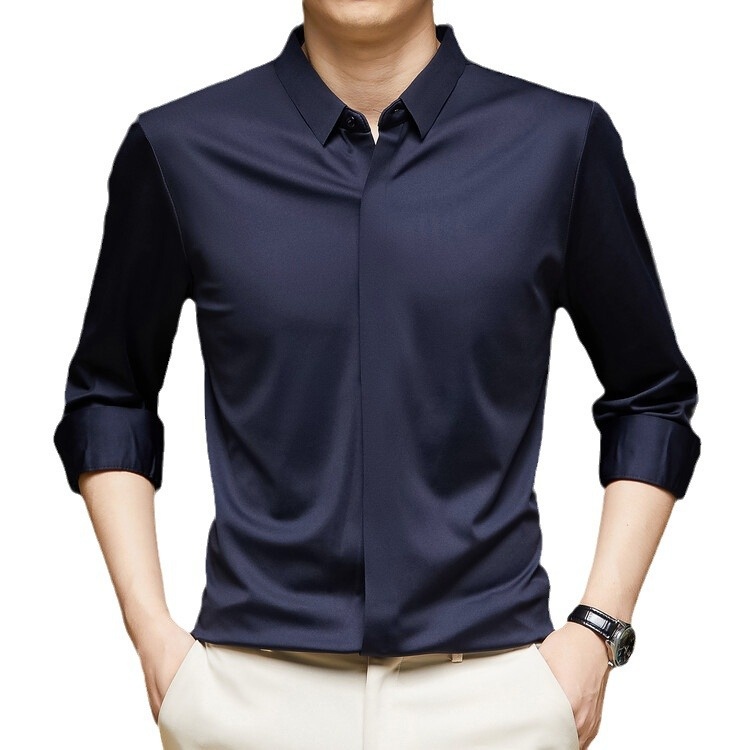 Men's Solid Long Sleeve Hidden Placket Dress Shirt