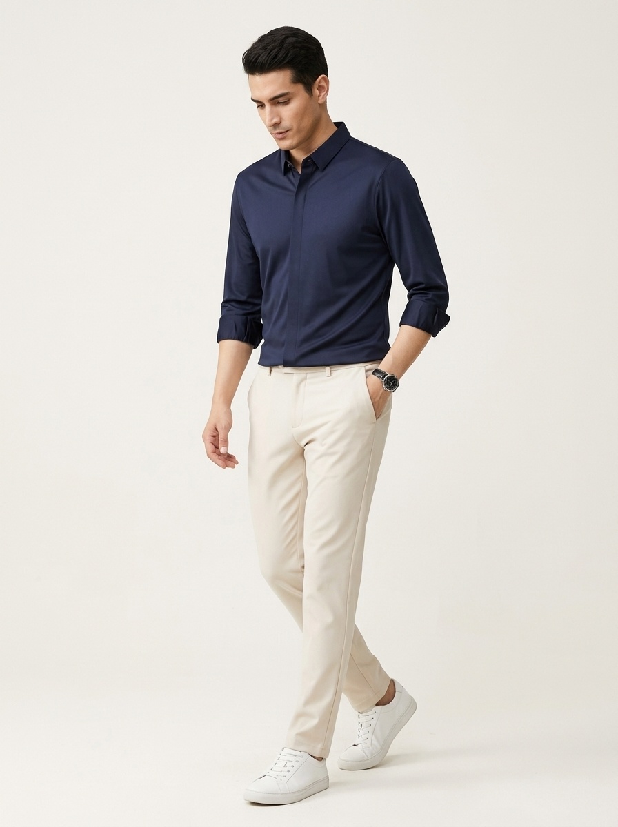 Men's Solid Long Sleeve Hidden Placket Dress Shirt