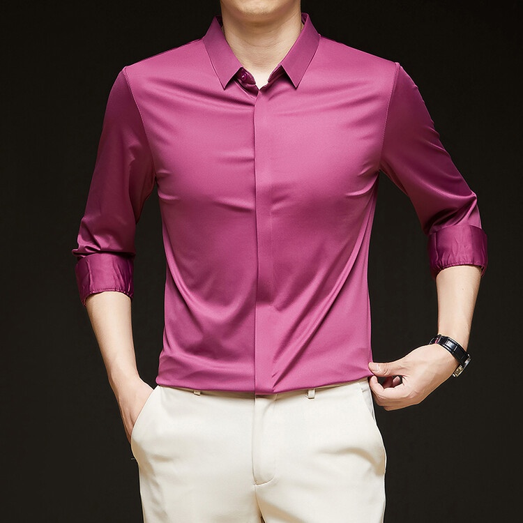 Men's Solid Long Sleeve Hidden Placket Dress Shirt