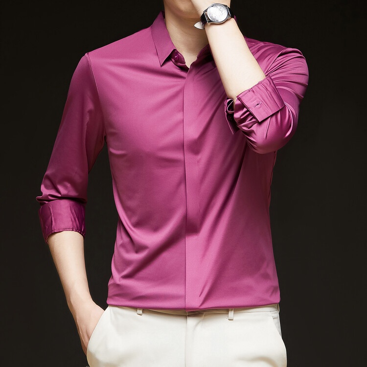 Men's Solid Long Sleeve Hidden Placket Dress Shirt