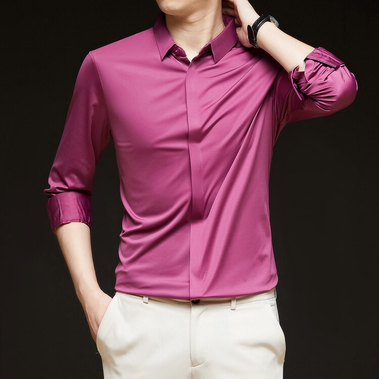 Men's Solid Long Sleeve Hidden Placket Dress Shirt