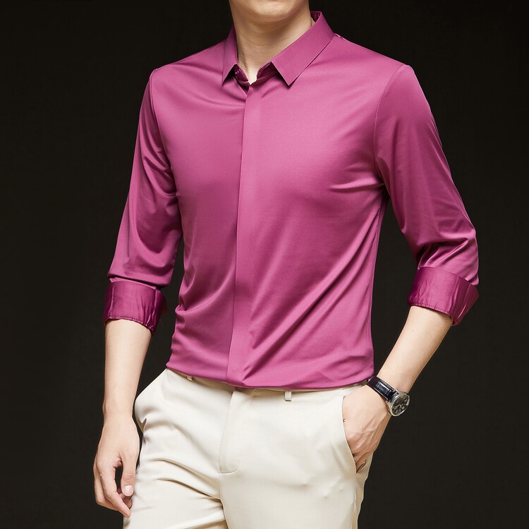 Men's Solid Long Sleeve Hidden Placket Dress Shirt