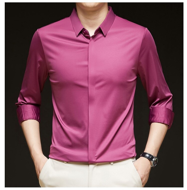 Men's Solid Long Sleeve Hidden Placket Dress Shirt