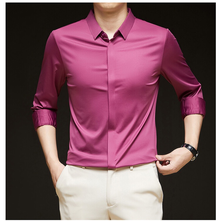 Men's Solid Long Sleeve Hidden Placket Dress Shirt