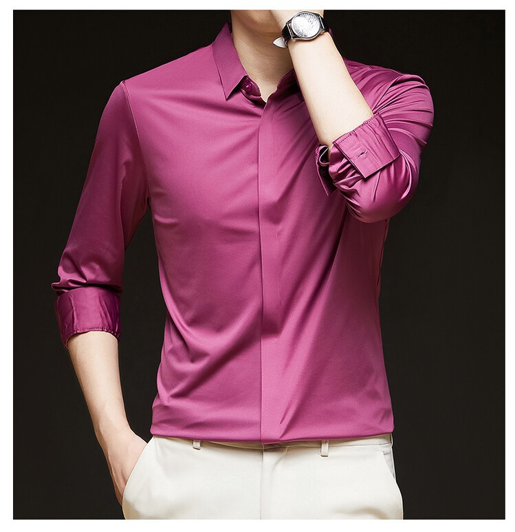 Men's Solid Long Sleeve Hidden Placket Dress Shirt