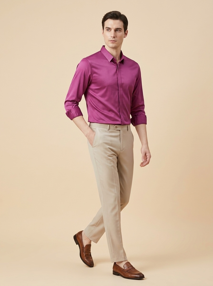 Men's Solid Long Sleeve Hidden Placket Dress Shirt