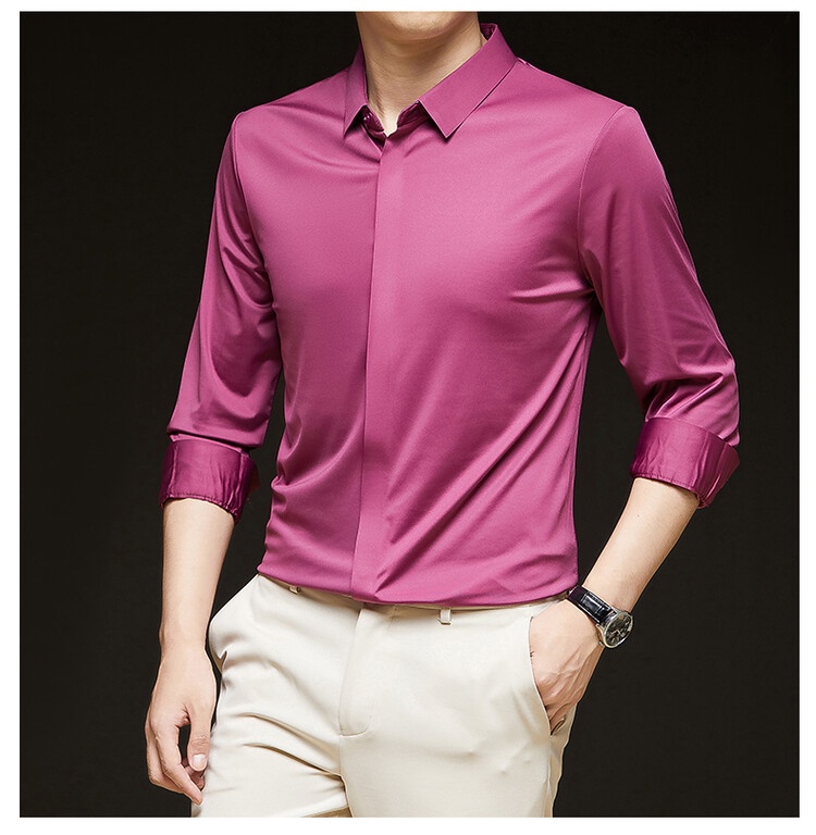 Men's Solid Long Sleeve Hidden Placket Dress Shirt