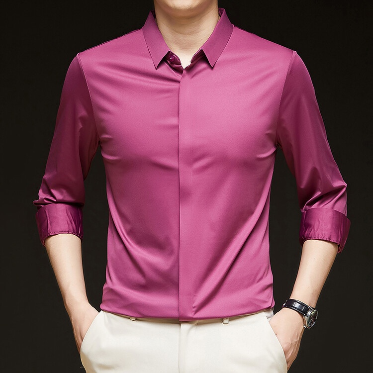 Men's Solid Long Sleeve Hidden Placket Dress Shirt