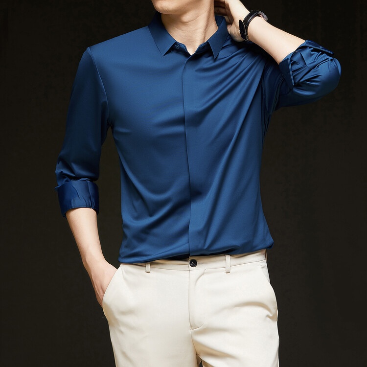 Men's Solid Long Sleeve Hidden Placket Dress Shirt