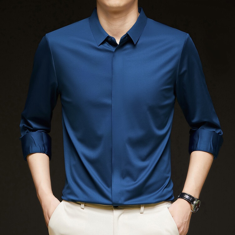 Men's Solid Long Sleeve Hidden Placket Dress Shirt