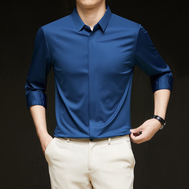 Men's Solid Long Sleeve Hidden Placket Dress Shirt