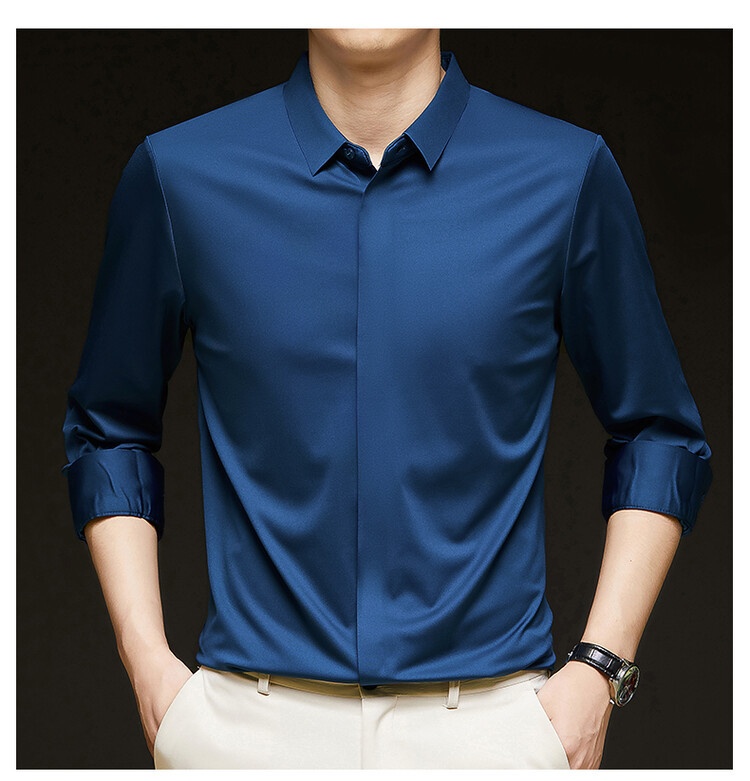 Men's Solid Long Sleeve Hidden Placket Dress Shirt