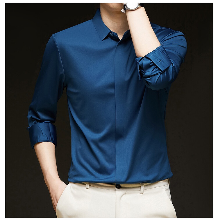 Men's Solid Long Sleeve Hidden Placket Dress Shirt