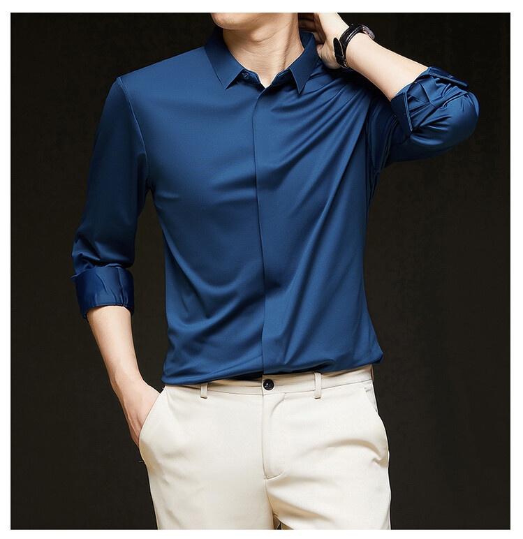 Men's Solid Long Sleeve Hidden Placket Dress Shirt