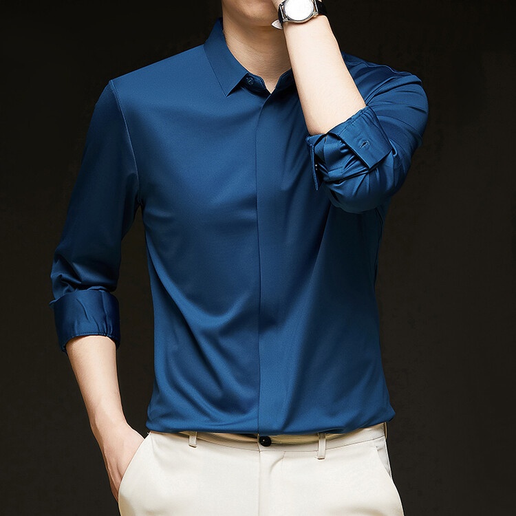Men's Solid Long Sleeve Hidden Placket Dress Shirt