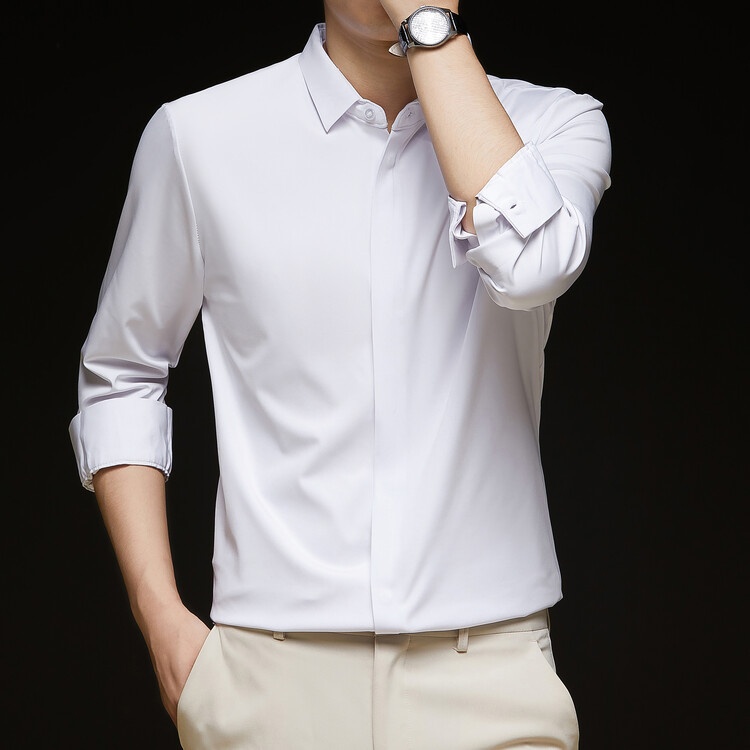 Men's Solid Long Sleeve Hidden Placket Dress Shirt