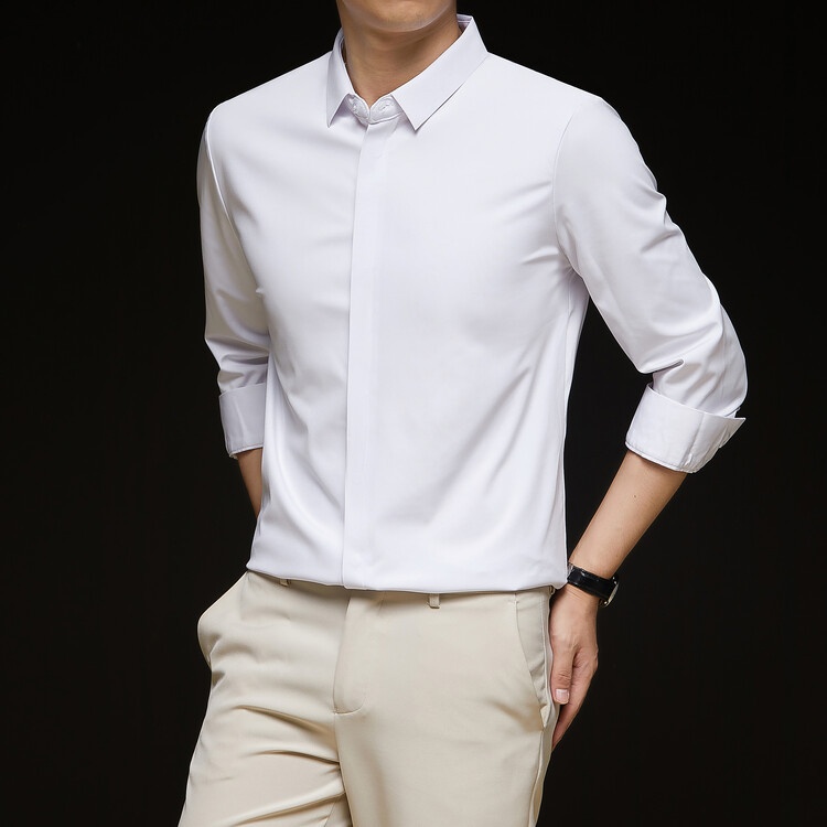 Men's Solid Long Sleeve Hidden Placket Dress Shirt