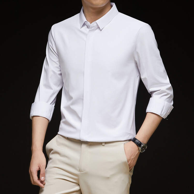 Men's Solid Long Sleeve Hidden Placket Dress Shirt