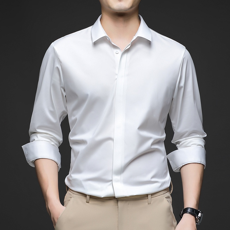 Men's Solid Long Sleeve Hidden Placket Dress Shirt