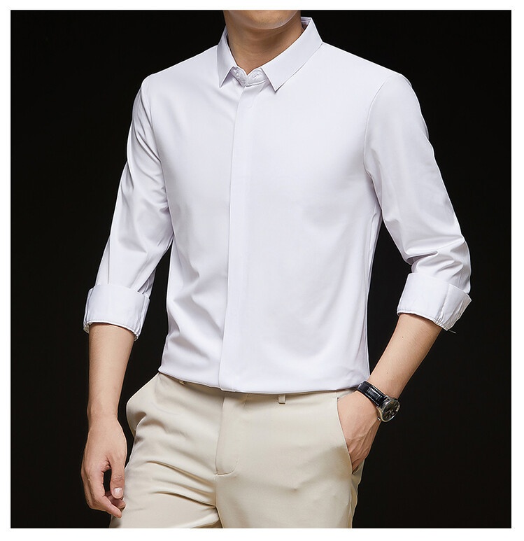 Men's Solid Long Sleeve Hidden Placket Dress Shirt