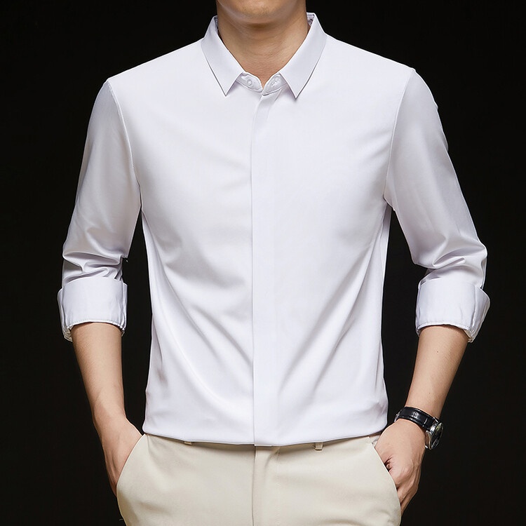 Men's Solid Long Sleeve Hidden Placket Dress Shirt