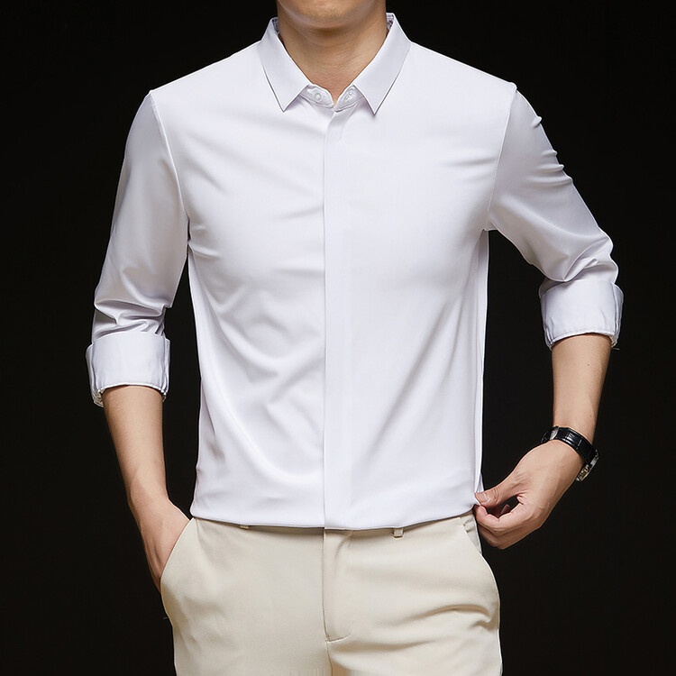 Men's Solid Long Sleeve Hidden Placket Dress Shirt