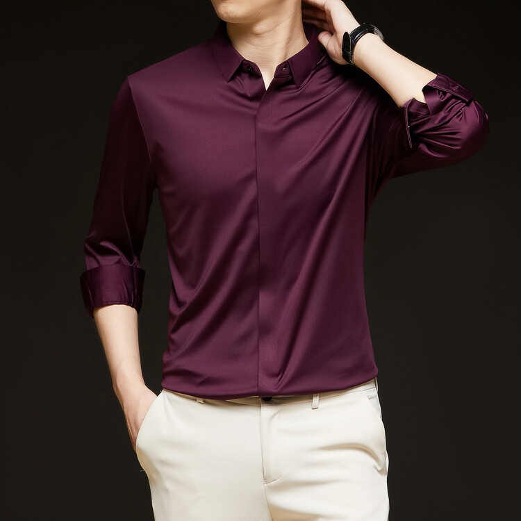 Men's Solid Long Sleeve Hidden Placket Dress Shirt