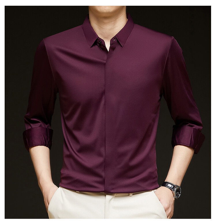 Men's Solid Long Sleeve Hidden Placket Dress Shirt