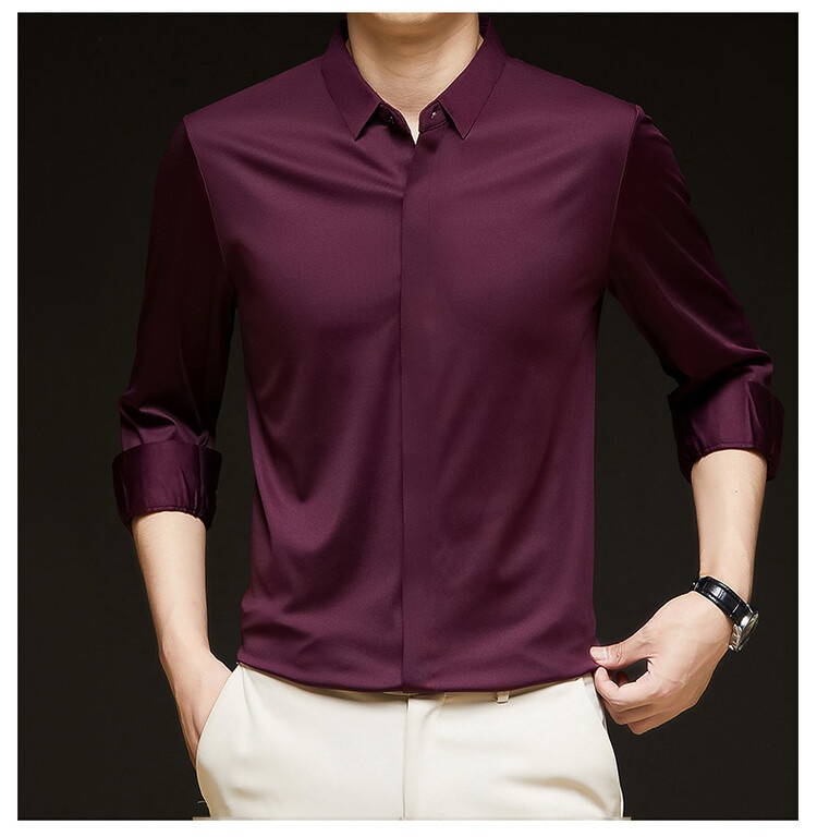 Men's Solid Long Sleeve Hidden Placket Dress Shirt