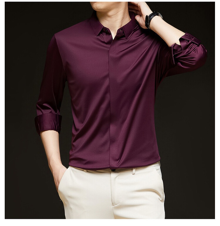 Men's Solid Long Sleeve Hidden Placket Dress Shirt