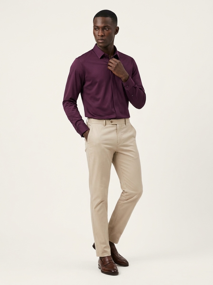 Men's Solid Long Sleeve Hidden Placket Dress Shirt