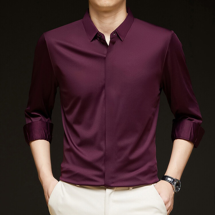 Men's Solid Long Sleeve Hidden Placket Dress Shirt
