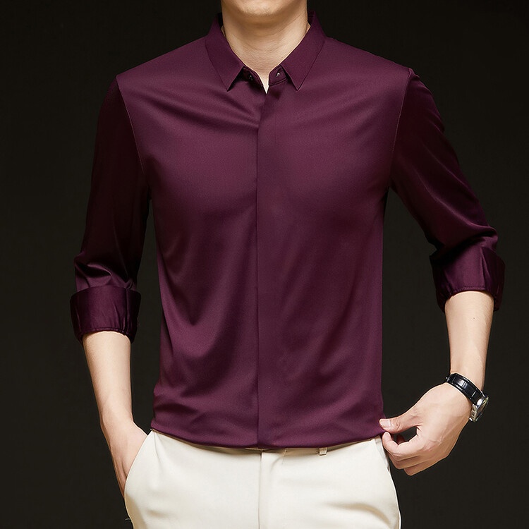Men's Solid Long Sleeve Hidden Placket Dress Shirt