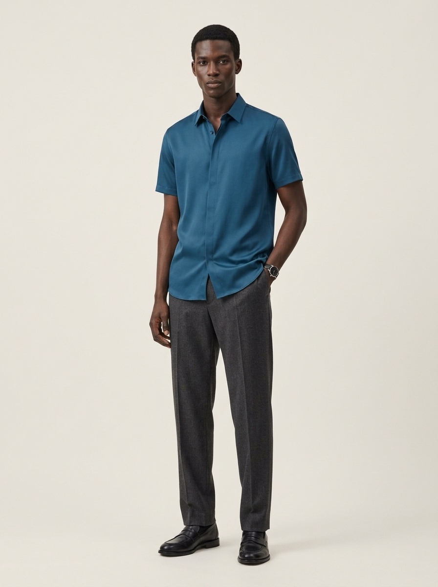 Men's Short Sleeve Hidden Placket Collared Shirt