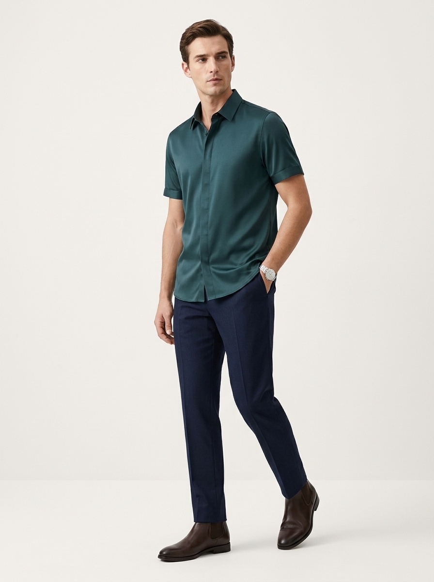 Men's Short Sleeve Hidden Placket Collared Shirt