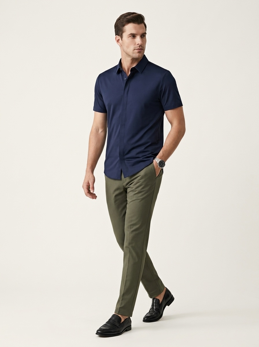 Men's Short Sleeve Hidden Placket Collared Shirt