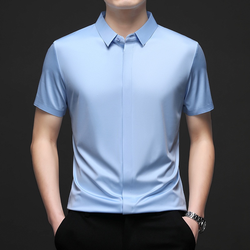 Men's Short Sleeve Hidden Placket Collared Shirt