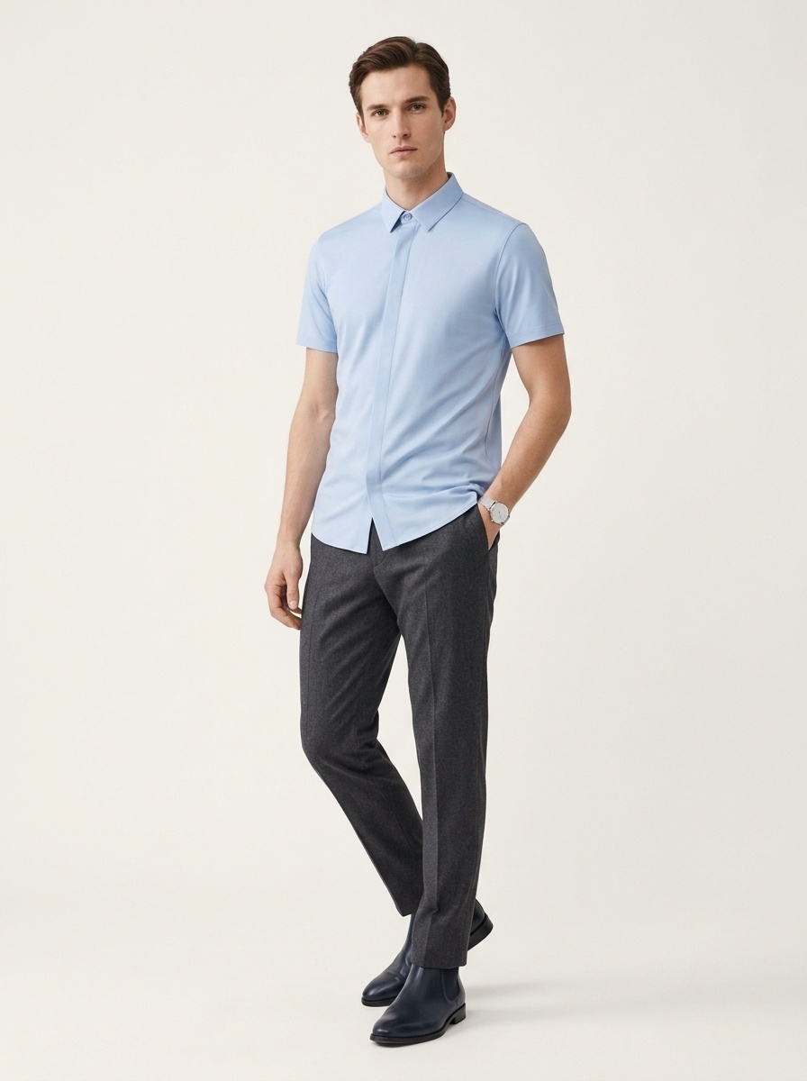 Men's Short Sleeve Hidden Placket Collared Shirt